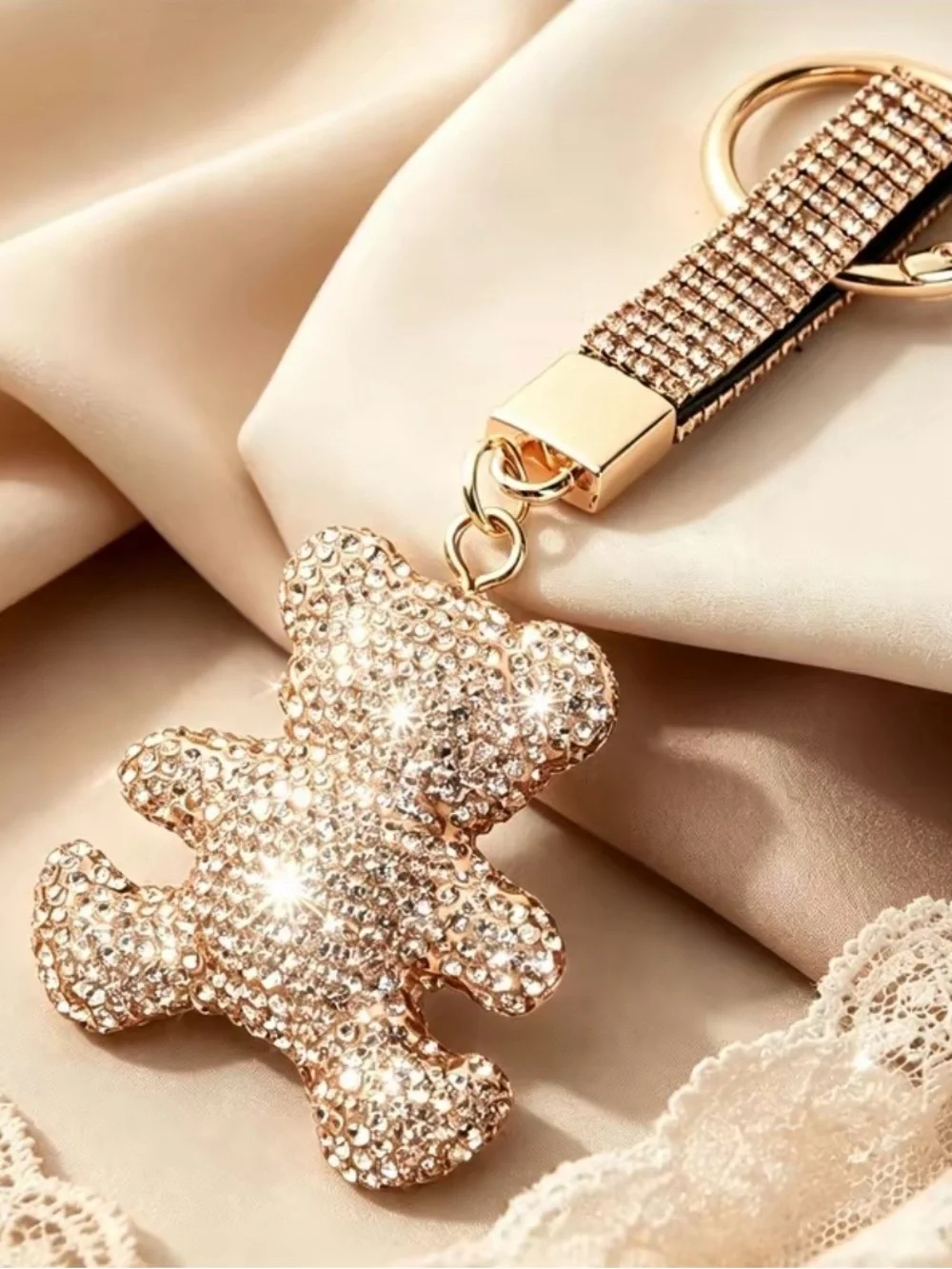 Sparkling Champagne Gold Teddy Bear Keychain - Womens Accessories